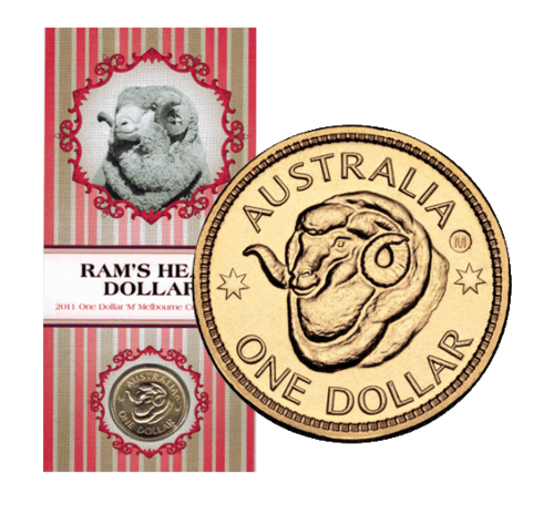 2011 Ram's Head Dollar One Dollar $1 "M" Melbourne Counterstamp Australian Merino Ram Agriculture Coin