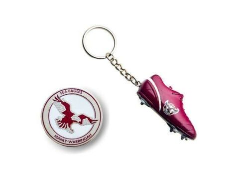Set of 2 Manly Sea Eagles NRL Team Heritage Logo Collectable Lapel Hat Tie Pin Badge & Resin Boot Key Ring Keyring
