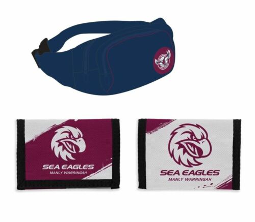 Set of 2 Manly Sea Eagles NRL Team Logo Waist Bag Bumbag & Nylon Velcro Sports Wallet