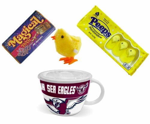 NRL EASTER PACK – Manly Sea Eagles NRL Soup Mug + Peeps Marshmallow Chicks 42g Packet + Magical Bar 50g Milk Chocolate + Wind Up Hopping Chick