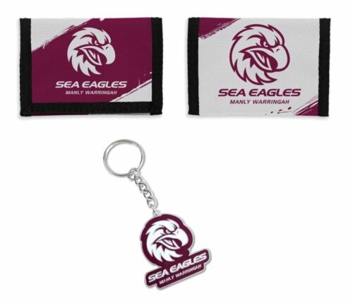 Set of 2 Manly Sea Eagles NRL Team Logo Nylon Velcro Sports Wallet & Club Logo Keyring Chain