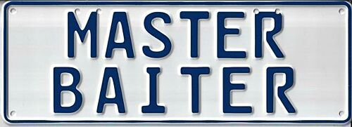Master Baiter Blue on White 37cm x 13cm Novelty Number Plate 
