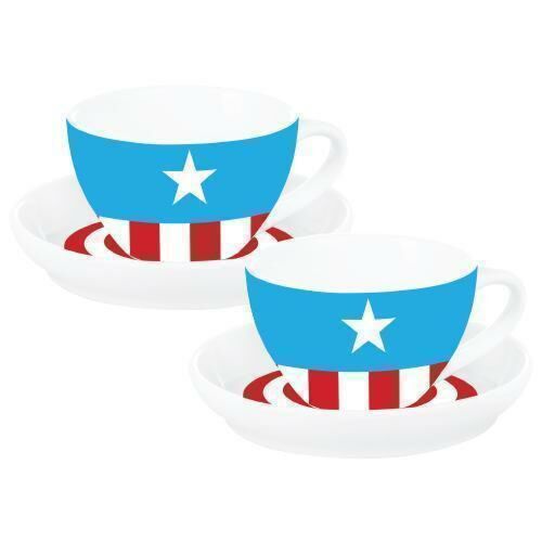 Set of 2 Captain America Logo 250ml Poreclian Teacups & Saucers Superhero Marvel Comics 