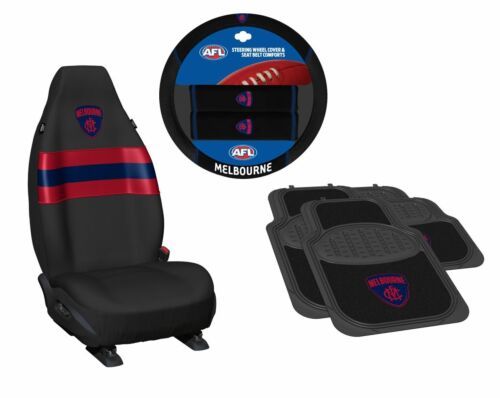 Set Of 3 Melbourne Demons AFL Team Car Seat Covers + Steering Wheel Cover + 4 Floor Mats