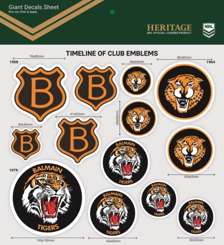 Balmain Tigers NRL Heritage Timeline of Club Logo Emblems Giant Decals Sticker Sheet