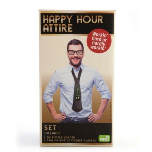 Happy Hour Attire Set Working Hard Or Hardly Working Includes A Bottle Holder Tie & Bottle Opener Glasses 