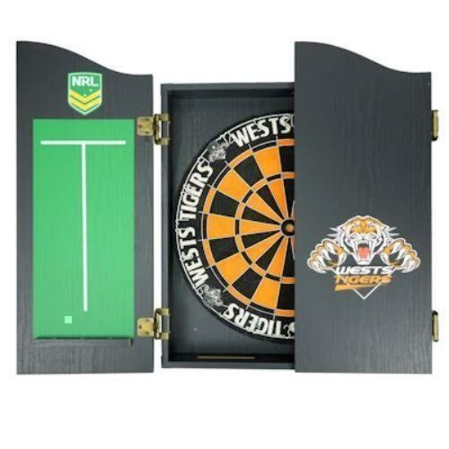 Wests Tigers NRL Bristle Dartboard and Wooden Cabinet Dart Board 