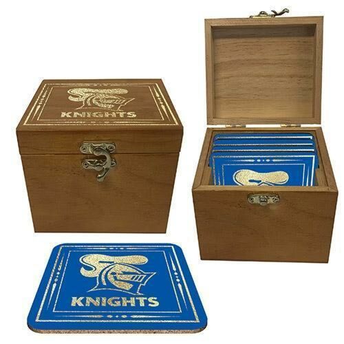 Newcastle Knights NRL Team Logo Set of 4 Cork Back Coasters In Wooden Box 