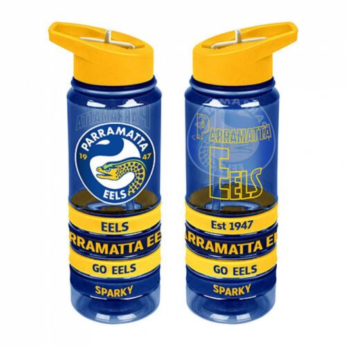 Parramatta Eels NRL Large Team Logo Tritan Plastic Drink Bottle With 4 Wrist Bands In Team Colours