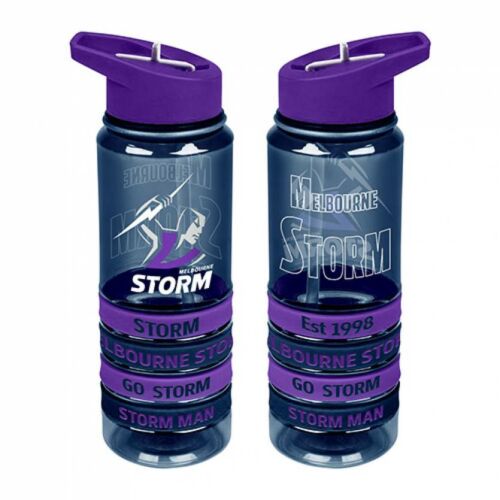 Melbourne Storm NRL Large Team Logo Tritan Plastic Drink Bottle With 4 Wrist Bands In Team Colours