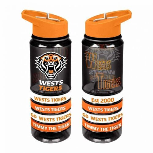 Wests Tigers NRL Large Team Logo Tritan Plastic Drink Bottle With 4 Wrist Bands In Team Colours