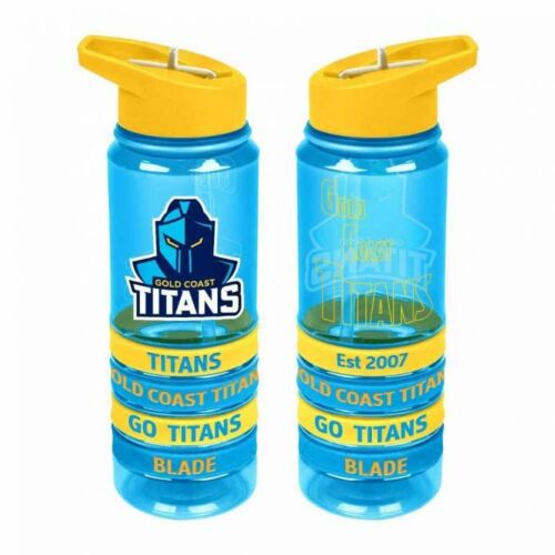 Gold Coast Titans NRL Large Team Logo Tritan Plastic Drink Bottle With 4 Wrist Bands In Team Colours