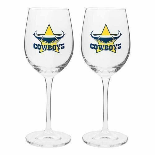 North Queensland Cowboys NRL Team 2 Pack Of 475mL Wine Glasses In Gift Box