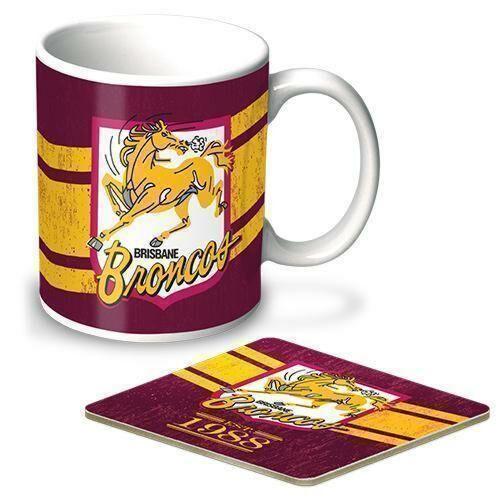 Brisbane Broncos NRL Team Heritage Logo Ceramic 330ml Coffee Tea Mug Cup & Corked Back Coaster Set Gift Idea
