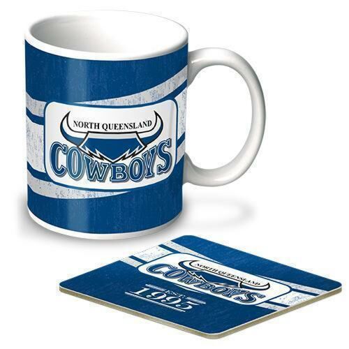 North Queensland Cowboys NRL Team Heritage Logo Ceramic 330ml Coffee Tea Mug Cup & Corked Back Coaster Set Gift Idea
