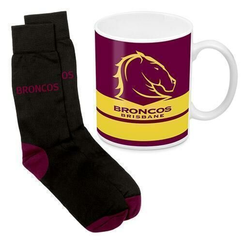 Brisbane Broncos NRL 330ml Ceramic Coffee Tea Mug Cup And Jacquard Knit Socks to fit Adult (7-11) Sock Gift Pack