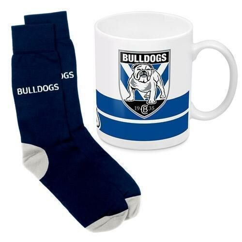 Canterbury Bulldogs NRL 330ml Ceramic Coffee Tea Mug Cup And Jacquard Knit Socks to fit Adult (7-11) Sock Gift Pack