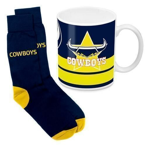 North Queensland Cowboys NRL 330ml Ceramic Coffee Tea Mug Cup And Jacquard Knit Socks to fit Adult (7-11) Sock Gift Pack
