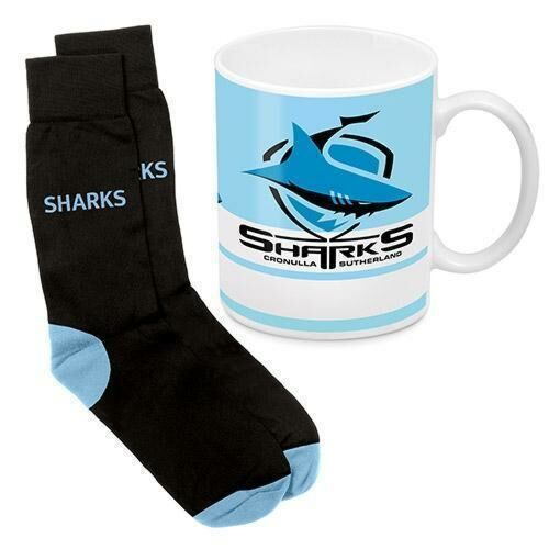 Cronulla Sharks NRL 330ml Ceramic Coffee Tea Mug Cup And Jacquard Knit Socks to fit Adult (7-11) Sock Gift Pack