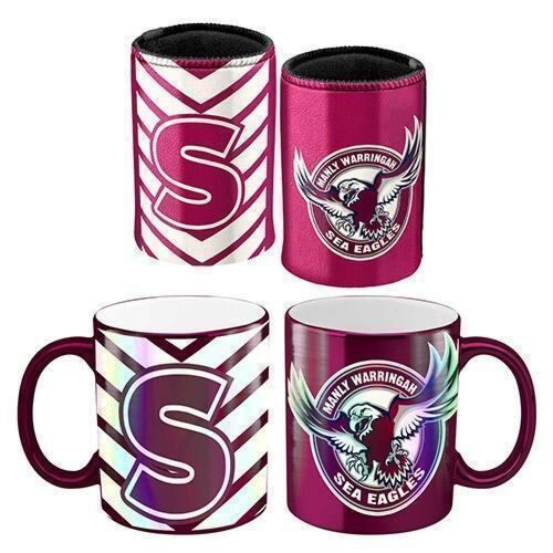Manly Sea Eagles NRL Team Metallic 330ml Coffee Mug Cup & 375ml Can Cooler Gift Set