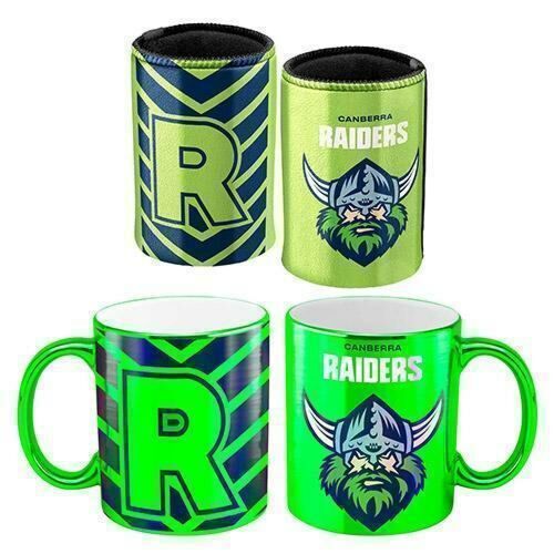 Canberra Raiders NRL Team Metallic 330ml Coffee Mug Cup & 375ml Can Cooler Gift Set