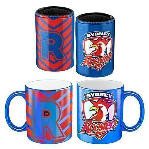 Sydney Roosters NRL Team Metallic 330ml Coffee Mug Cup & 375ml Can Cooler Gift Set