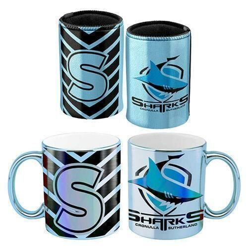 Cronulla Sharks NRL Team Metallic 330ml Coffee Mug Cup & 375ml Can Cooler Gift Set