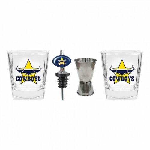 North Queensland Cowboys NRL Team Set of 2 Spirit Glasses Pourer & Jigger Bar Gift Pack