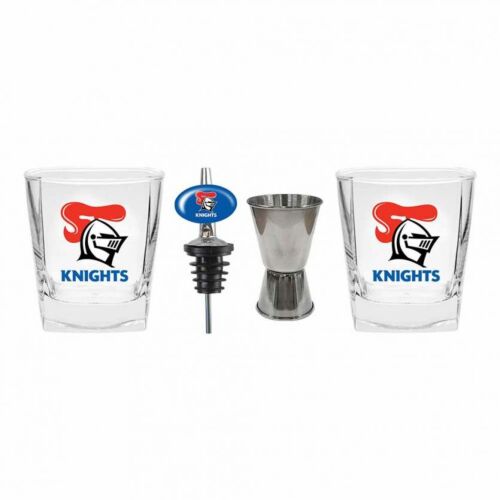 Newcastle Knights NRL Team Set of 2 Spirit Glasses Pourer & Jigger Bar Gift Pack