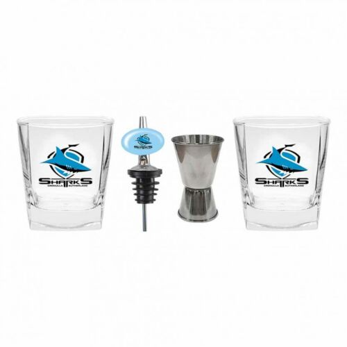 Cronulla Sharks NRL Team Set of 2 Spirit Glasses Pourer & Jigger Bar Gift Pack
