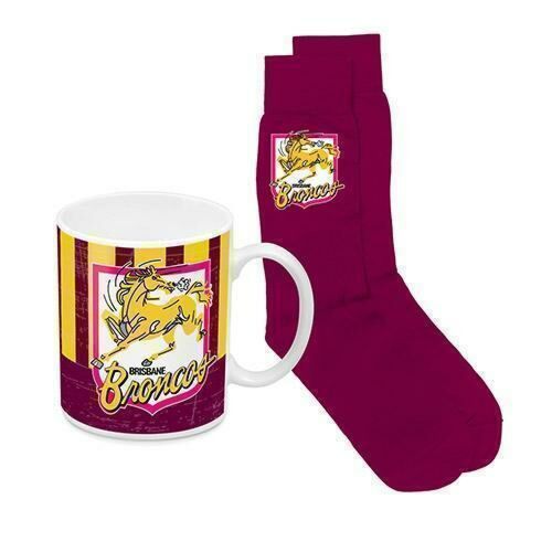 Brisbane Broncos NRL Heritage 330ml Ceramic Coffee Tea Mug Cup And Jacquard Knit Socks to fit Adult (7-11) Sock Gift Pack
