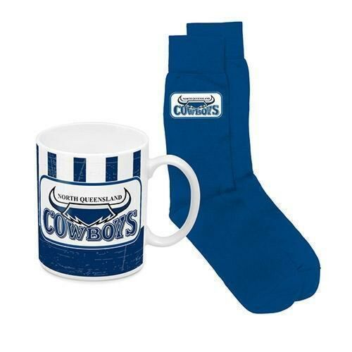 North Queensland Cowboys NRL Heritage 330ml Ceramic Coffee Tea Mug Cup And Jacquard Knit Socks to fit Adult (7-11) Sock Gift Pack