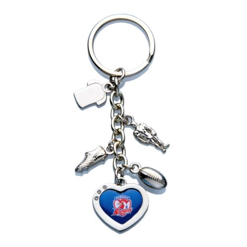 Sydney Roosters NRL Team Charm With Logo Heart Key Ring Keyring Chain