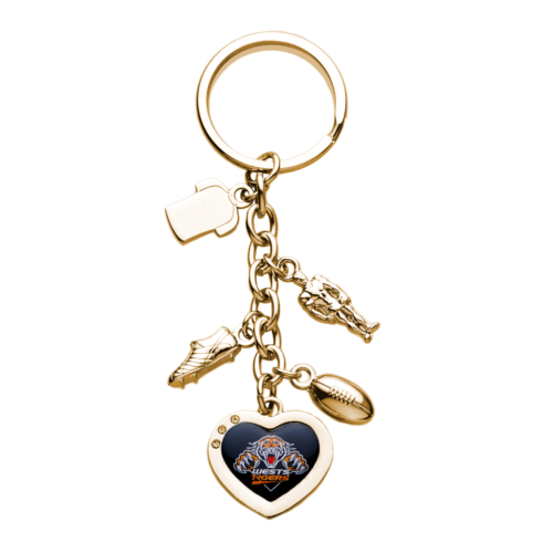 Wests Tigers NRL Team Charm With Logo Heart Key Ring Keyring Chain