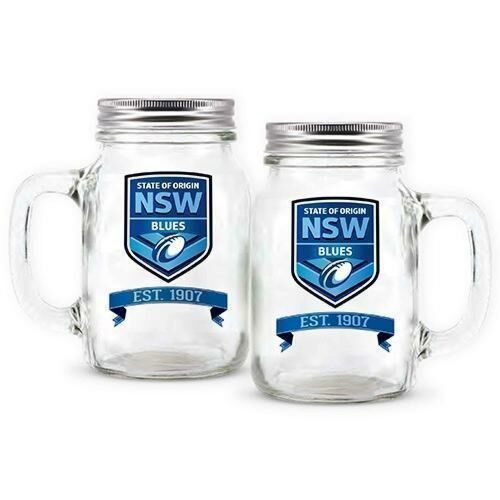 New South Wales NSW Blues State Of Origin NRL Logo 473ml Glass Mason Jar With Handle Glasses Drinking Glass