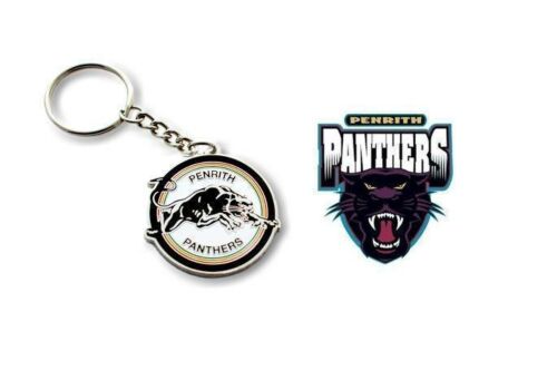 Set of 2 Penrith Panthers NRL Team Heritage Logo Key Ring Keyring Chain + Old Team Logo Pin Badge