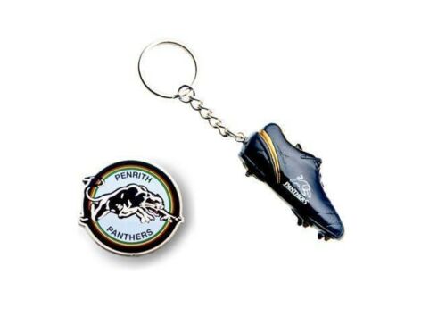 Set of 2 Penrith Panthers NRL Team Heritage Logo Collectable Lapel Hat Tie Pin Badge & Resin Boot Key Ring Keyring