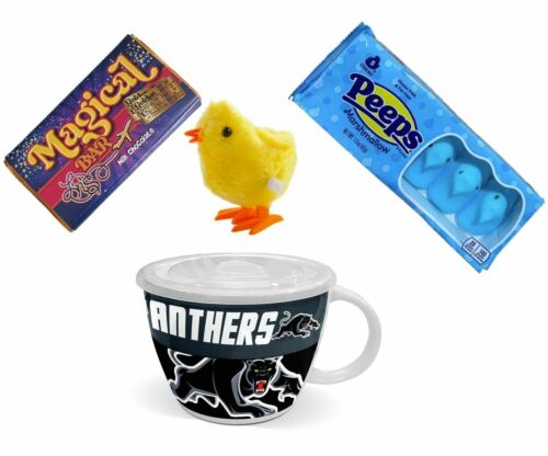 NRL EASTER PACK – Penrith Panthers NRL Soup Mug + Peeps Marshmallow Chicks 42g Packet + Magical Bar 50g Milk Chocolate + Wind Up Hopping Chick