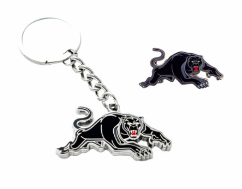 Set Of 2 Penrith Panthers NRL Team Logo Metal Pin Badge & Mascot Metal Keyring Key Ring