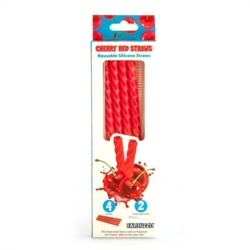 Set Of 4 Eco-Friendly Cherry Red Reusable Silicone Straws That Look Like Twisted Red Licorice Sticks 