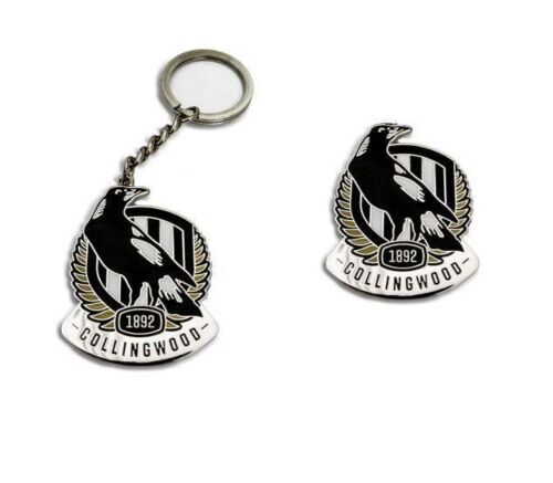 Set Of 2 Collingwood Magpies AFL Team Logo Metal Pin Badge & Mascot Metal Keyring Key Ring