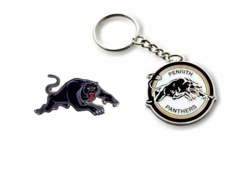 Set of 2 Penrith Panthers NRL Team Heritage Logo Key Ring Keyring Chain + Team Logo Pin Badge