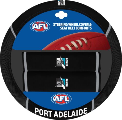 Port Adelaide Power AFL Team Logo 39cm Diameter Flexible Steering Wheel & 2 Seat Belt Covers