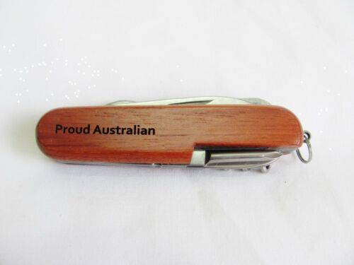 Proud Australian Name Personalised Wooden Pocket Knife Multi Tool With 10 Tools / Accessories