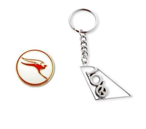 Set Of 2 Qantas Australia Retro Round Logo Pin & Silver Celebrating 100 Years Cut Out Keyring Key Ring Aviation Airline Kangaroo 