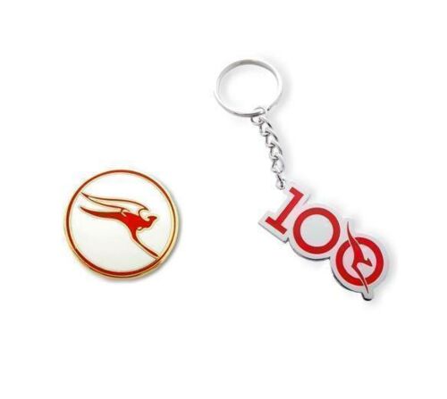 Set Of 2 Qantas Australia Retro Round Logo Pin & Celebrating 100 Years Keyring Key Ring Aviation Airline Kangaroo 