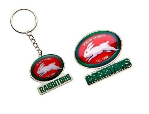 Set Of 2 South Sydney Rabbitohs NRL Team Logo Metal Pin Badge & Mascot Metal Keyring Key Ring