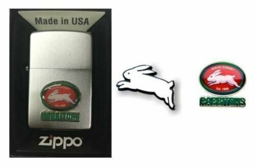 Set 3 South Sydney Rabbitohs NRL Team Logo Zippo + Heritage & Team Logo Pins