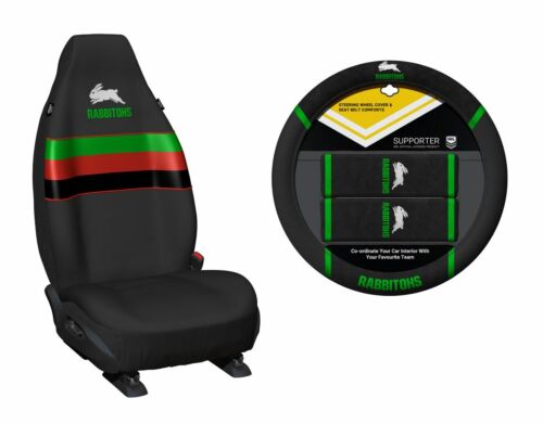 Set of 2 South Sydney Rabbitohs NRL Car Seat Covers & Steering Wheel Cover 