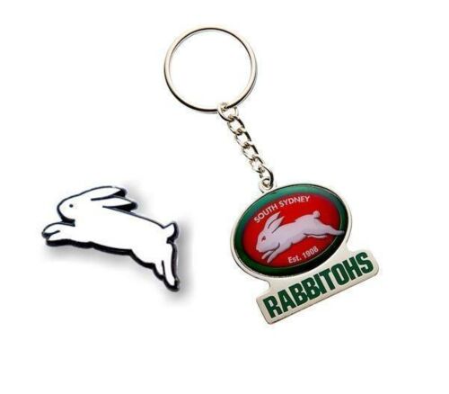 Set of 2 South Sydney Rabbitohs NRL Team Heritage Logo Collectable Lapel Hat Tie Pin Badge & Mascot Metal Key Ring Keyring
